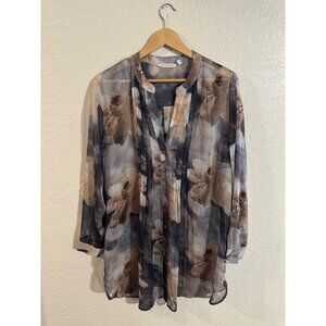 Soft Surroundings Y Black Tan Abstract Floral Sheer Long Tunic Top